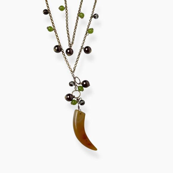Necklace Horn Pendant Acrylic Brown Green Beads 2-Strand Chain Gold Tone Boho - Picture 4 of 11